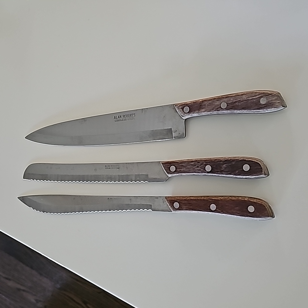 3 stainless steel Alan Roberts knives - ham, serrated & butcher wood handle